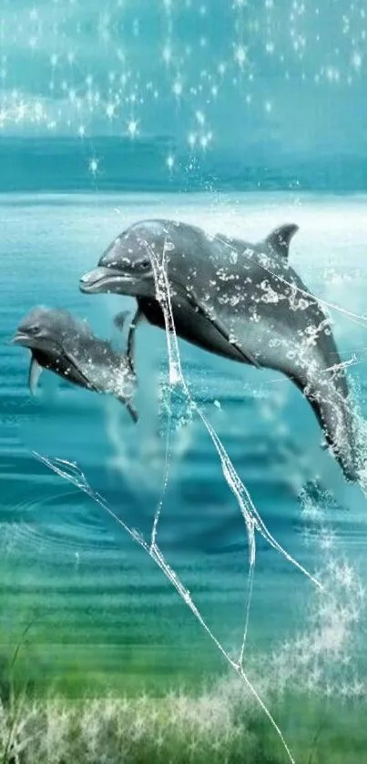 Dolphins leap in sparkling sea wallpaper.