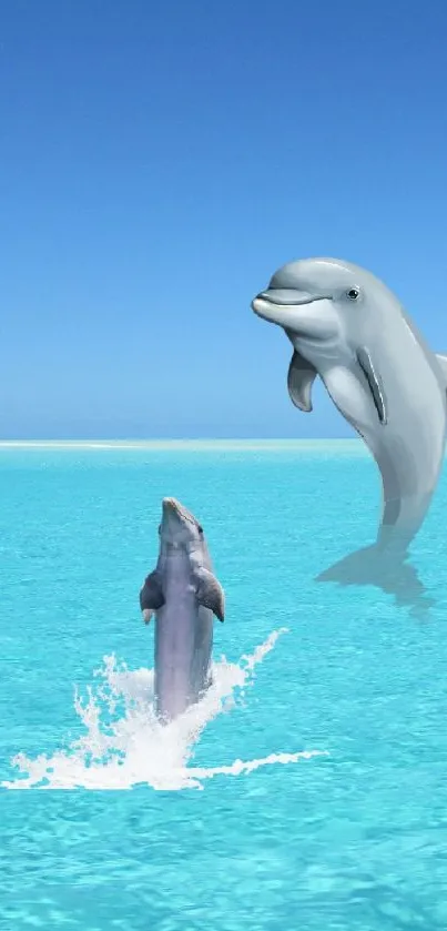 Two dolphins leaping in a bright turquoise ocean under a clear blue sky.