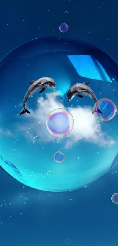 Mobile wallpaper of dolphins in a cosmic sphere with a blue galaxy background.