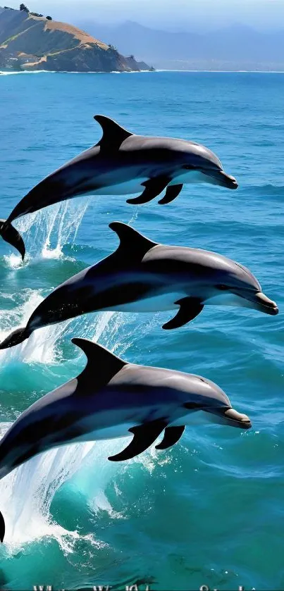 Leaping dolphins over blue ocean waters mobile wallpaper.