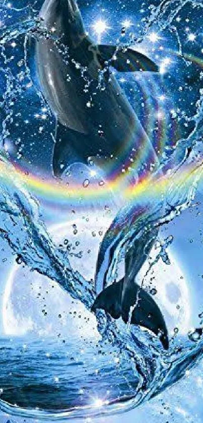 Dolphins leaping through water with rainbow and starry sky.