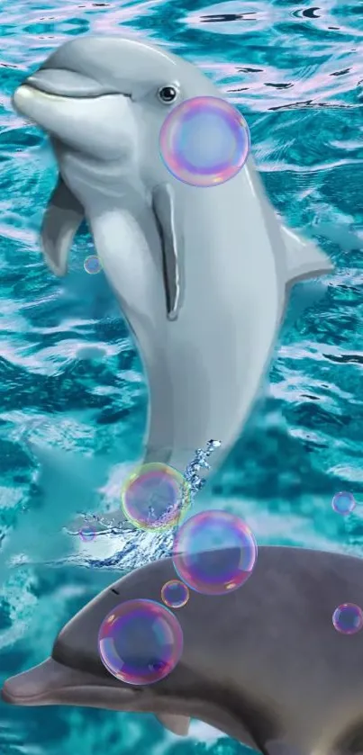 Dolphins play in vibrant ocean with colorful bubbles.