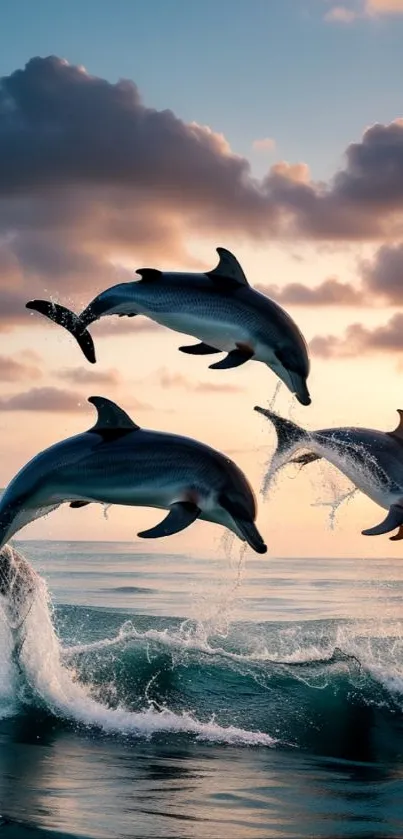 Three dolphins leap in unison against a sunset backdrop over the ocean.