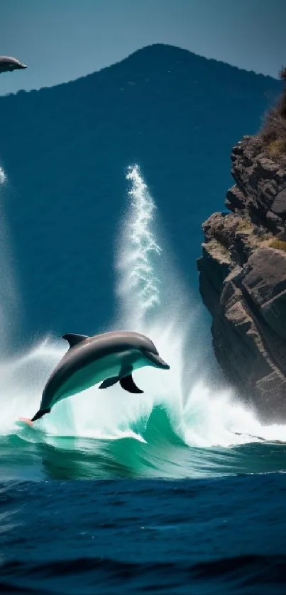 Dolphins leaping in front of a rocky cliff with ocean waves.