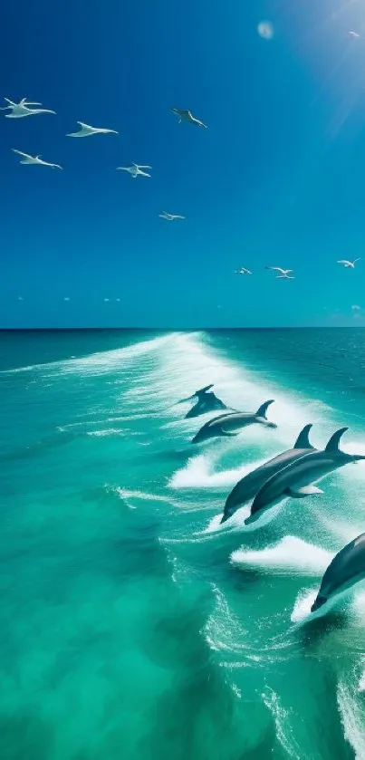 Dolphins leaping through ocean waves under a sunny sky with birds flying above.