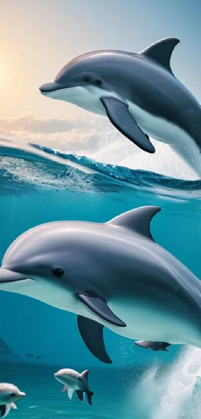 Beautiful dolphins swimming above and below the ocean surface.