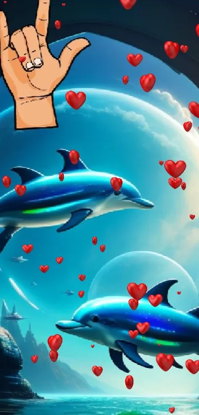 Illustrative wallpaper featuring dolphins under cosmic skies with vibrant colors.