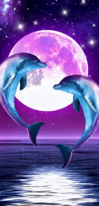 Two dolphins under a full moon in a purple night sky wallpaper.