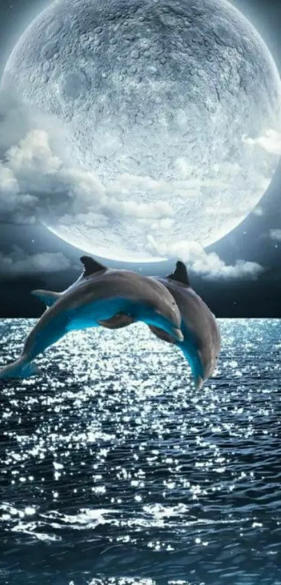 Dolphins jumping with a full moon in the background over a shimmering ocean.