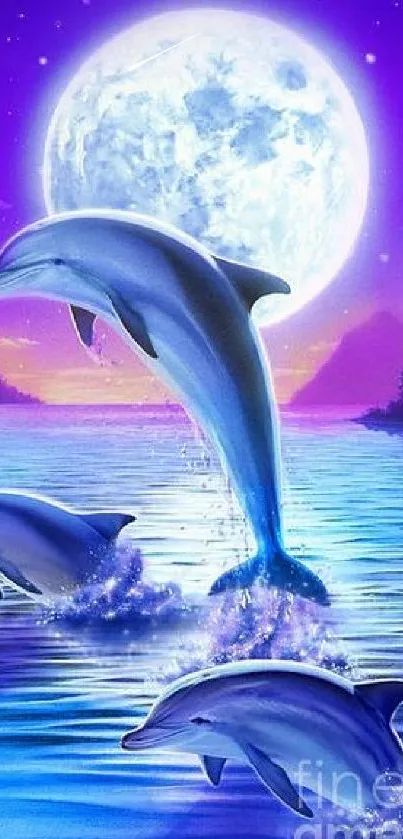 Three dolphins jump under a vibrant moonlit sky in a purple and pink ocean scene.