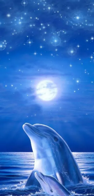 Dolphins under a moonlit night sky with stars.