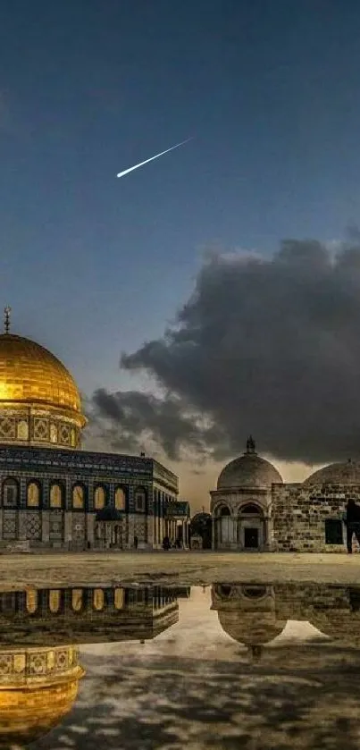 Reflection of Dome of the Rock at sunset with crescent moon in the sky.