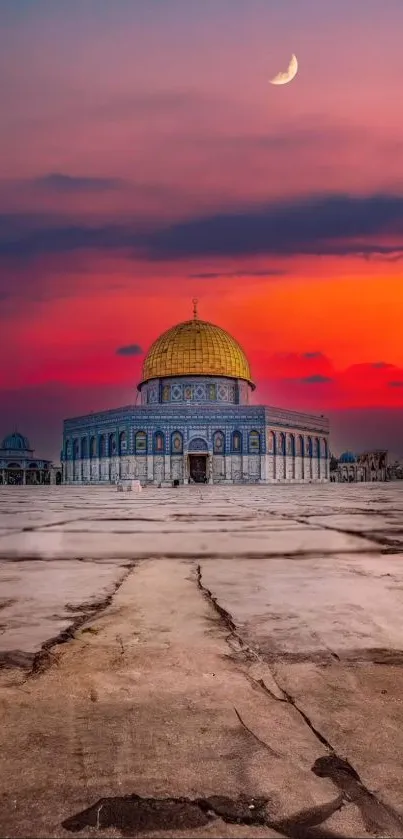 Dome of the Rock during sunset with a vivid red sky and a crescent moon above.