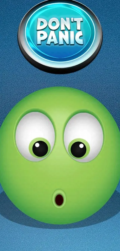 Cartoon green alien face with 'Don't Panic' text on blue background.