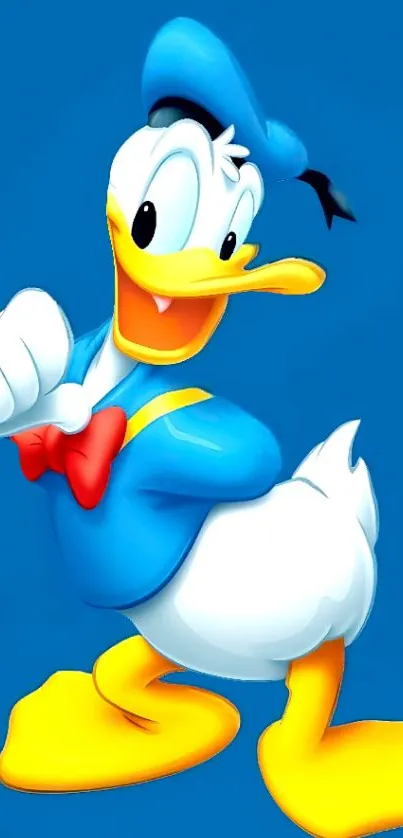 Donald Duck smiling in a blue outfit on blue background.