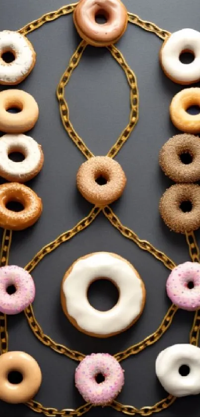 Colorful donuts linked by golden chains on dark background.