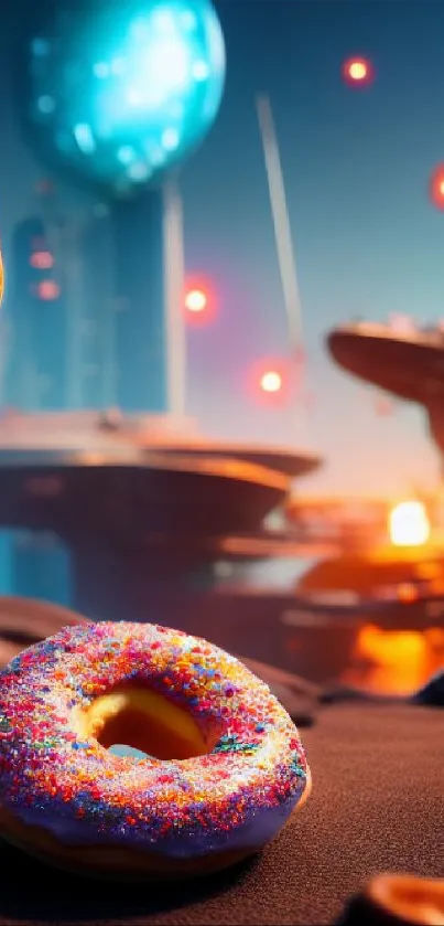 Scenic sci-fi world with colorful donuts and futuristic elements.