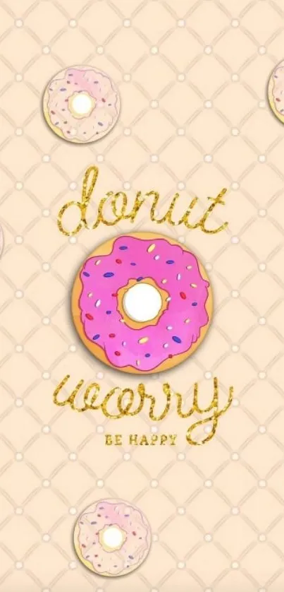 Pink donut wallpaper with 'Donut Worry' text on a beige background.