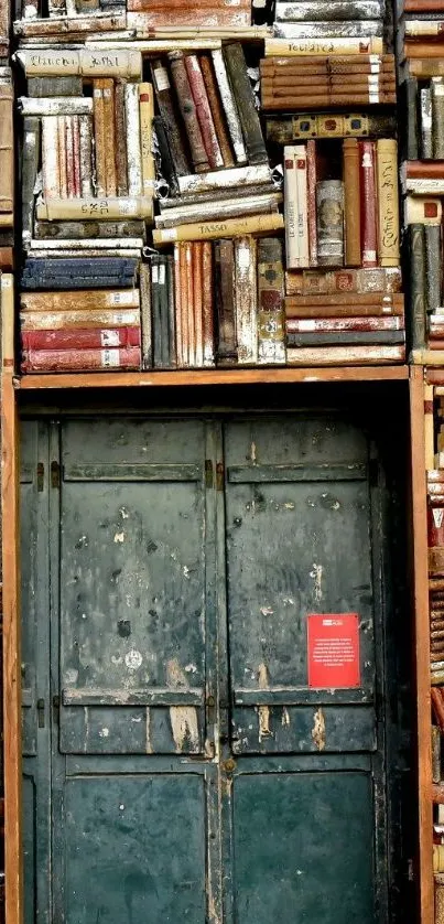 Wooden door surrounded by vintage books.