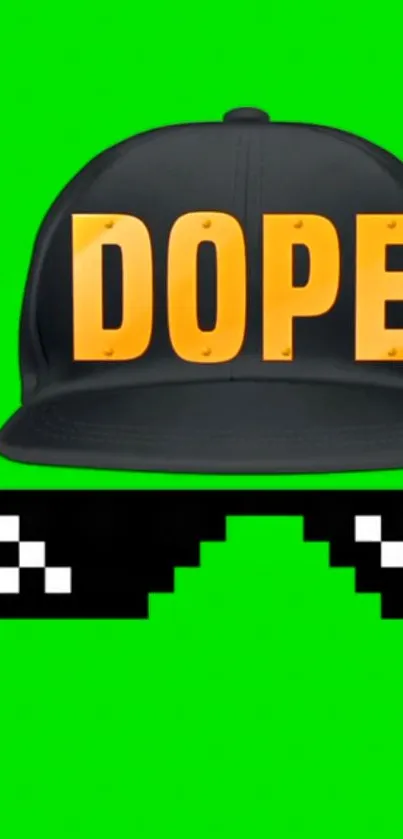 Dope hat with yellow text and pixel sunglasses on green background.