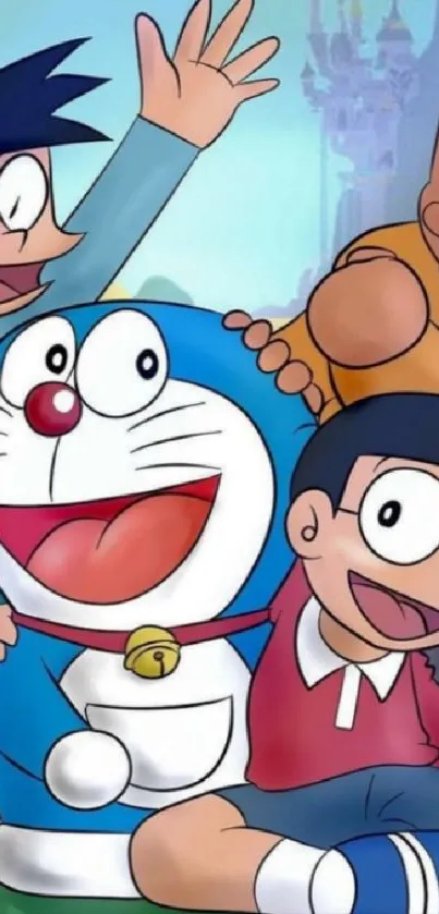 Doraemon and friends, cartoon mobile wallpaper with colorful background.