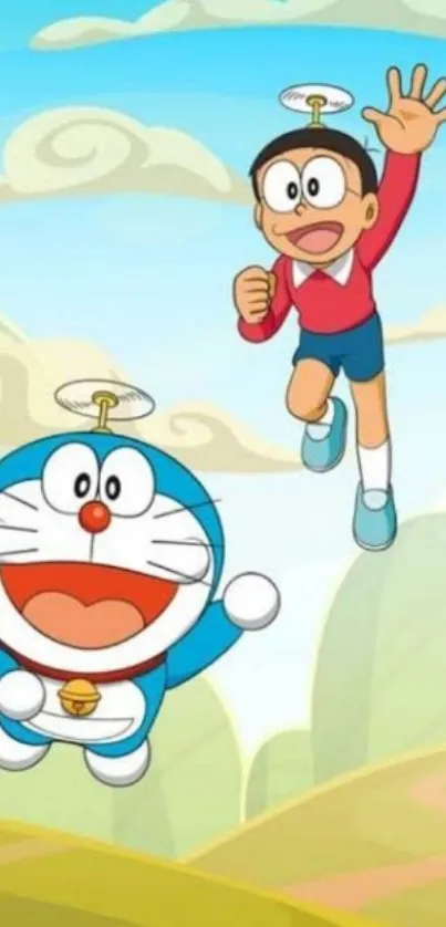 Doraemon and Nobita flying in vibrant cartoon sky.