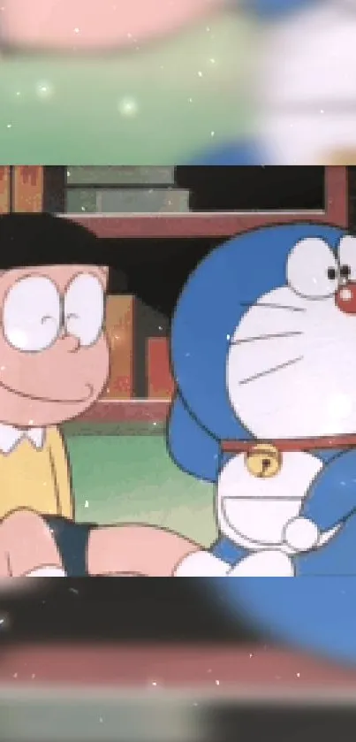 Doraemon and Nobita sitting together in cartoon animation.