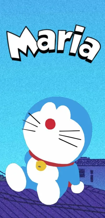 Doraemon under a blue sky with text 'Maria' above.