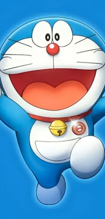 Cheerful Doraemon wallpaper with bright blue background.