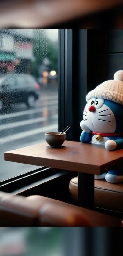 Anime character enjoying a cozy cafe.