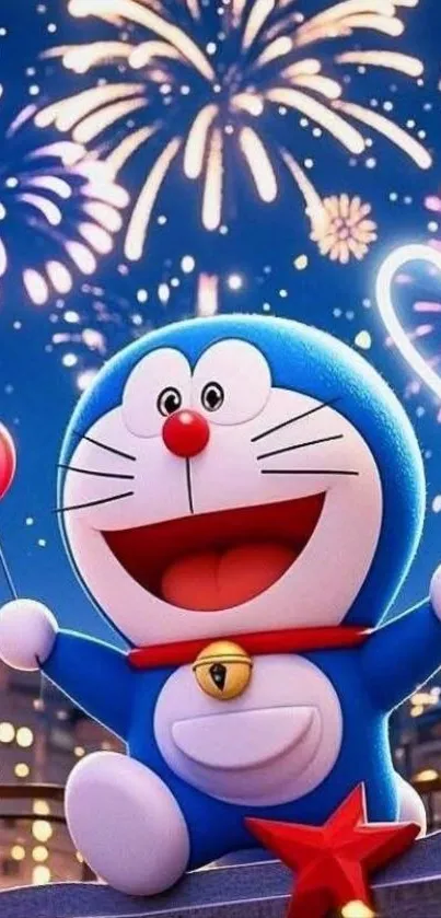 Doraemon joyfully celebrates with fireworks and heart balloons at night.