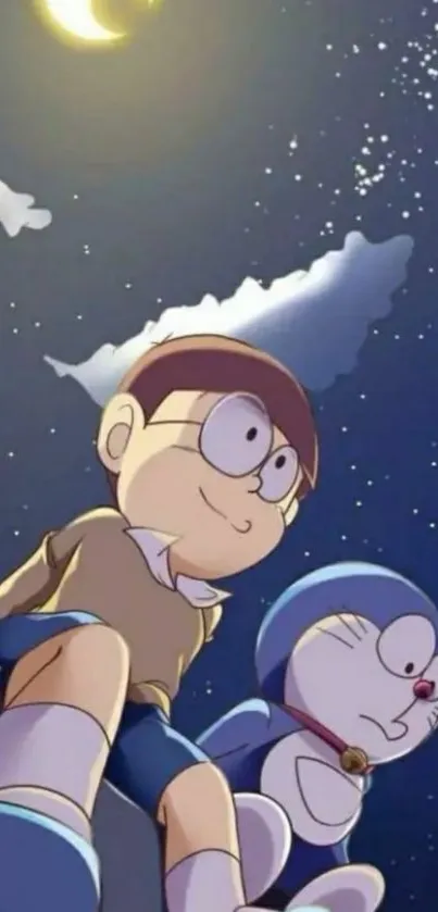 Doraemon and friend under a starry night sky.