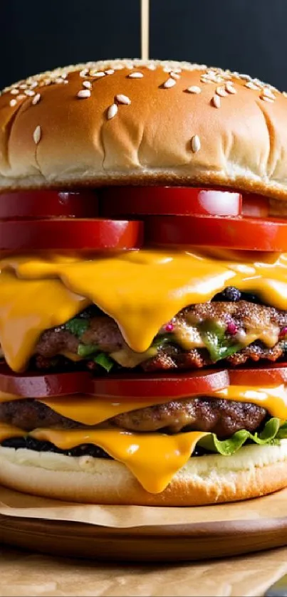 A tempting double cheeseburger with melted cheese and fresh ingredients on a bun.