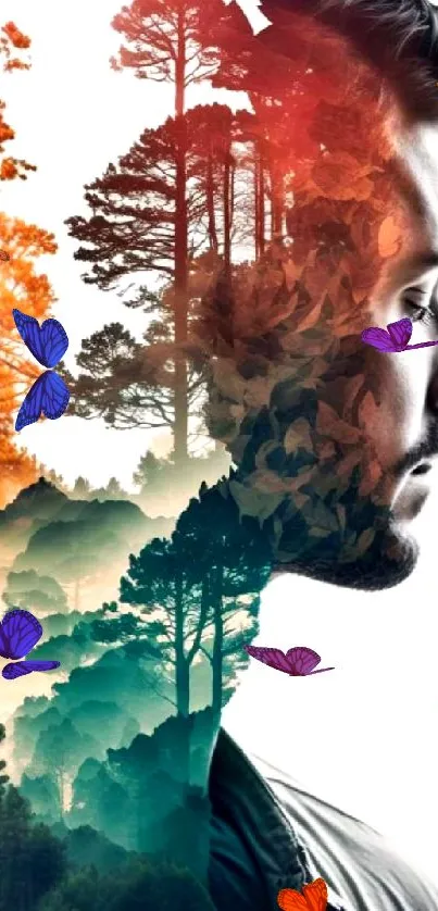 Double exposure wallpaper with forest and male silhouette.