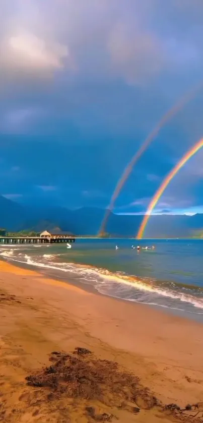 Beautiful double rainbow over a tranquil beach setting