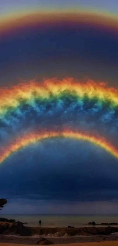 Beautiful double rainbow over the sea with vibrant colors.