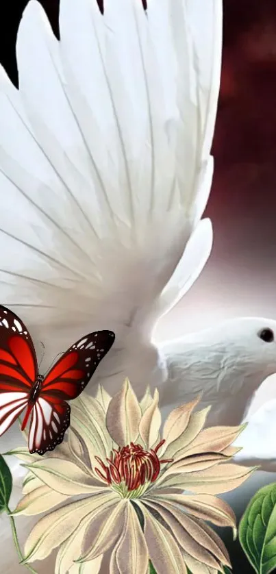 White dove with red butterfly and flower in serene wallpaper.