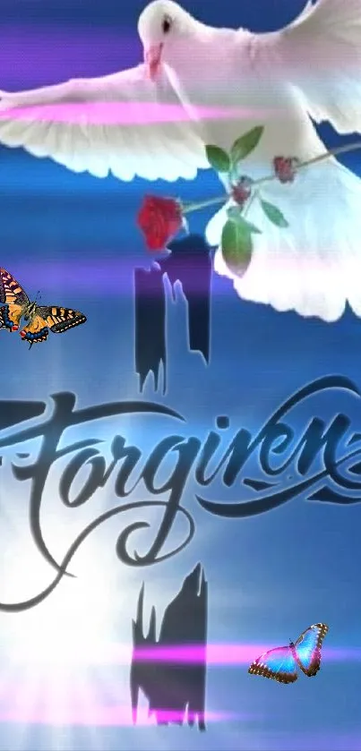 Mobile wallpaper with dove, rose, butterflies, and 'forgiven' text on blue background.