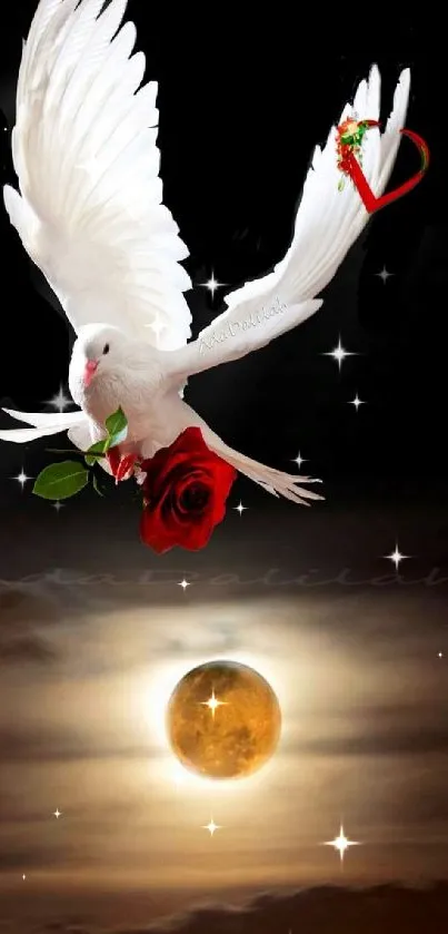 Dove carrying a rose under a moonlit sky wallpaper.