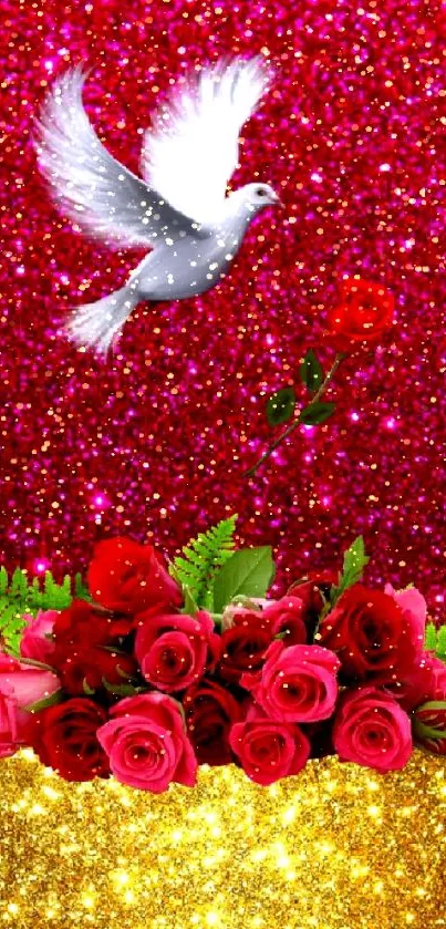 White dove with red roses and glitter on a mobile wallpaper.