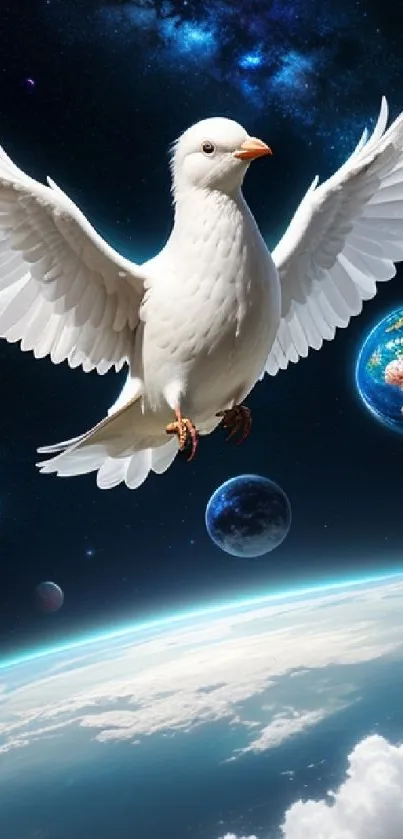 White dove soaring in a cosmic space scene with planets.