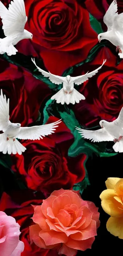 White doves flying above vibrant red roses and colorful blooms.