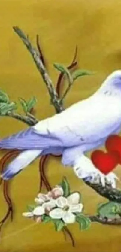 Two doves on a golden branch with flowers and red hearts.