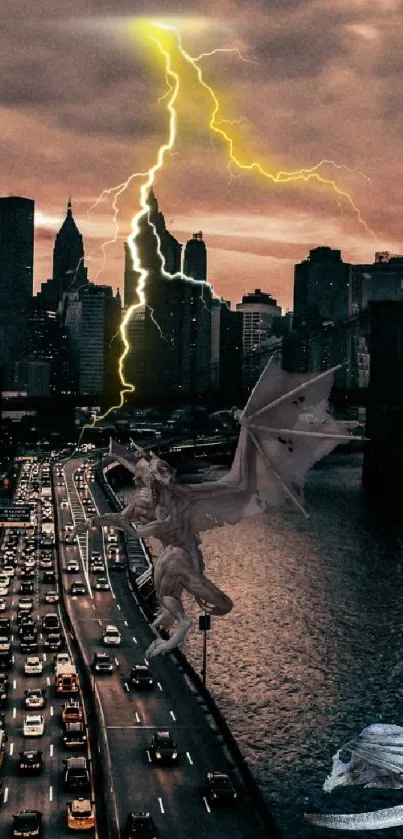 Flying dragon over city skyline with storm clouds.