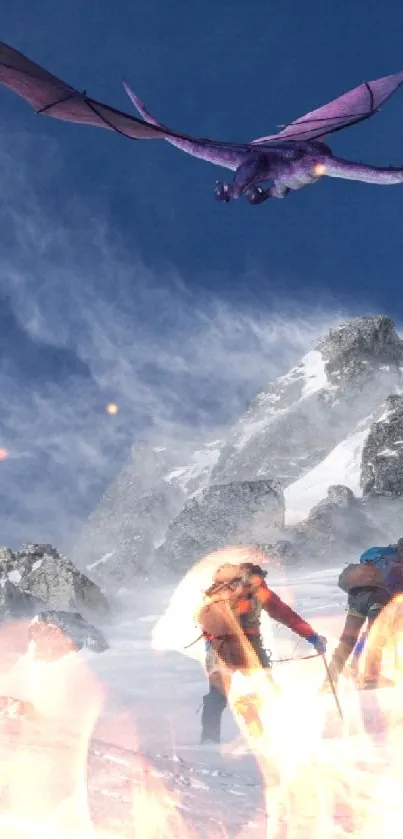 Dragon soaring over climbers in snowy mountains, vibrant fantasy scene.