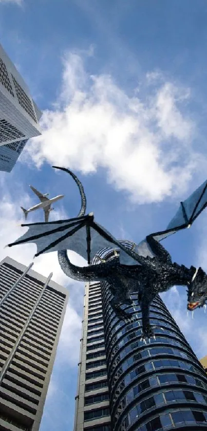 Dragon flying among urban skyscrapers against a blue sky.