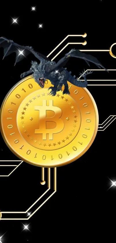 Dragon hovers over glowing Bitcoin in a starry digital network.