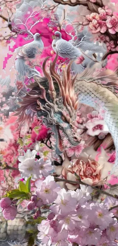 A dragon amidst cherry blossoms with two doves, perfect for a nature-themed mobile wallpaper.