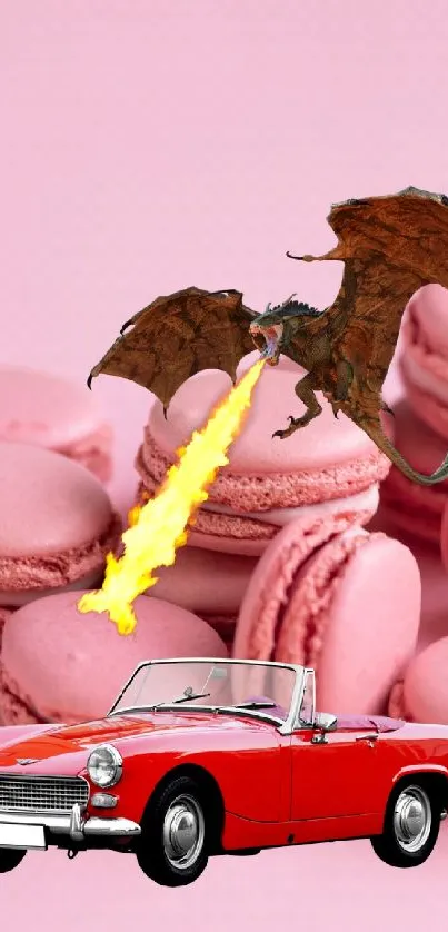 Dragon and red car with pink macarons background.