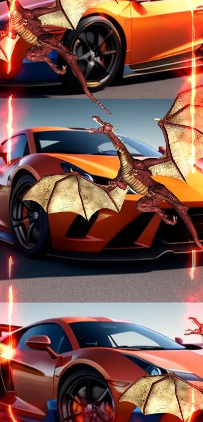 Vibrant orange car with fiery dragons set on a striking mobile wallpaper.